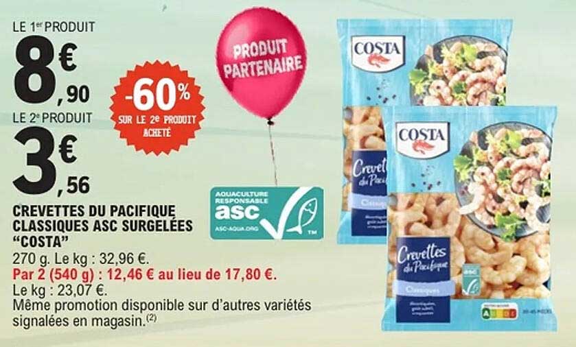 CREVETTES DU PACIFIQUE CLASSIQUES ASC SURGELEES "COSTA"