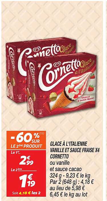 GLACE À L'ITALIENNE VANILLE ET SAUCE FRAISE X4 CORNETTO