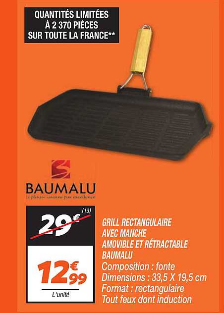 GRILL RECTANGULAIRE AVEC MANCHE AMOVIBLE ET RÉTRACTABLE BAUMALU