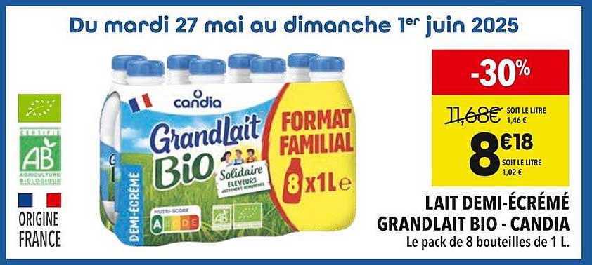 LAIT DEMI-ÉCRÉMÉ GRANDLAIT BIO - CANDIA