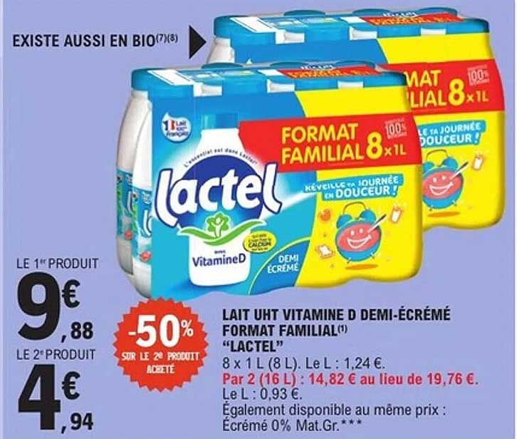Lait UHT Vitamine D Demi-Ecrémé Format Familial "Lactel"