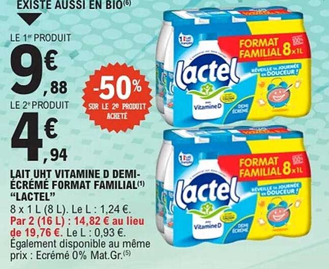 Lait UHT Vitamine D Demi-Écrémé Format Familial "Lactel"