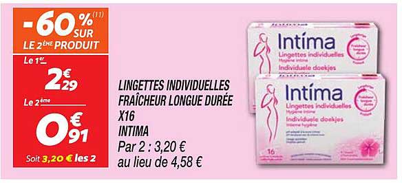 LINGETTES INDIVIDUELLES FRAÎCHEUR LONGUE DURÉE X16 INTIMA