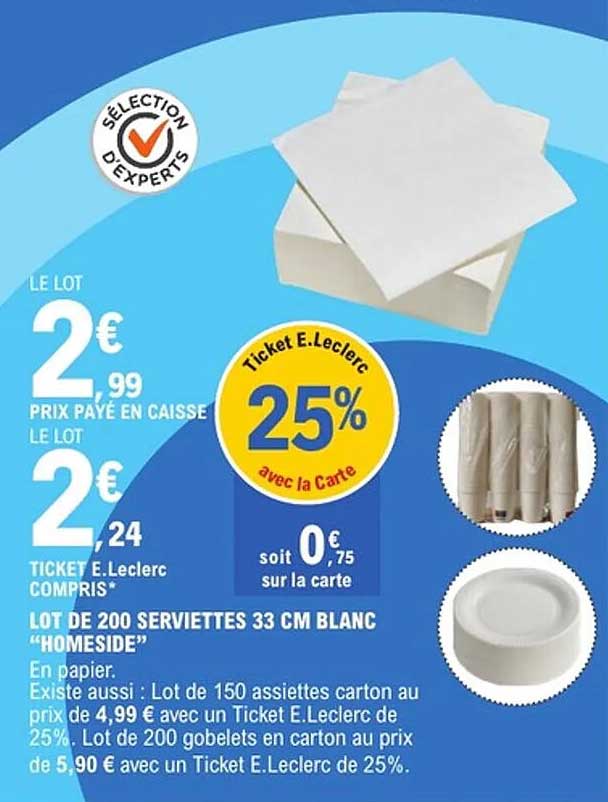 LOT DE 200 SERVIETTES 33 CM BLANC “HOMESIDE”