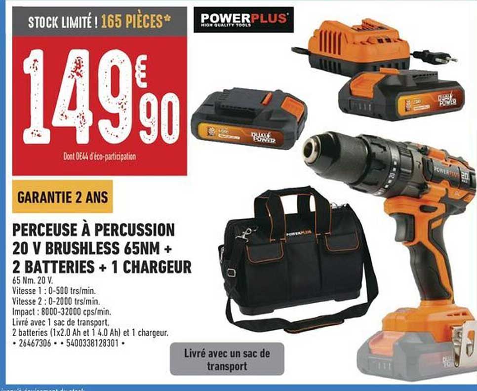 PERCEUSE À PERCUSSION 20 V BRUSHLESS 65NM + 2 BATTERIES + 1 CHARGEUR