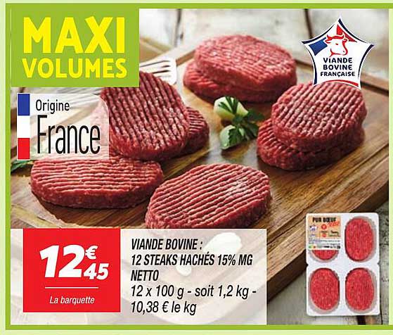VIANDE BOVINE : 12 STEAKS HACHÉS 15% MG NETTO