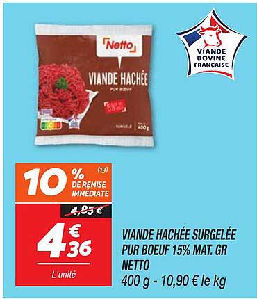 VIANDE HACHÉE SURGELÉE PUR BOEUF 15% MAT. GR NETTO