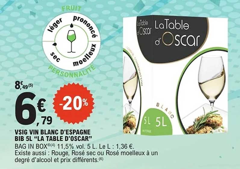VSIG VIN BLANC D'ESPAGNE BIB 5L "LA TABLE D'OSCAR"