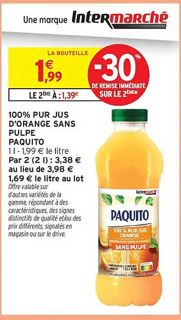 100% PUR JUS D'ORANGE SANS PULPE PAQUITO