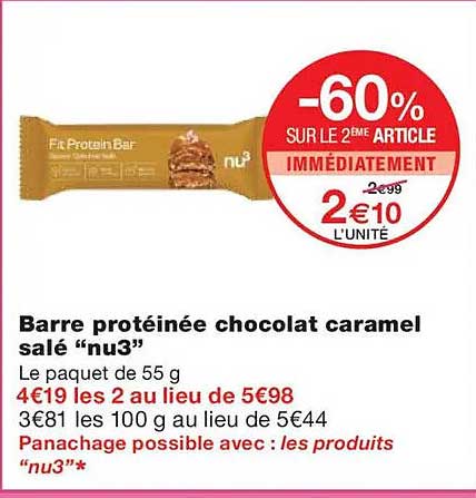 Barre protéinée chocolat caramel salé “nu3”