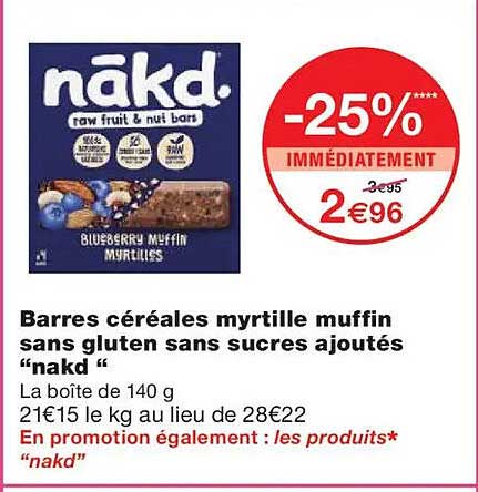 Barres céréales myrtille muffin sans gluten sans sucres ajoutés “nakd “