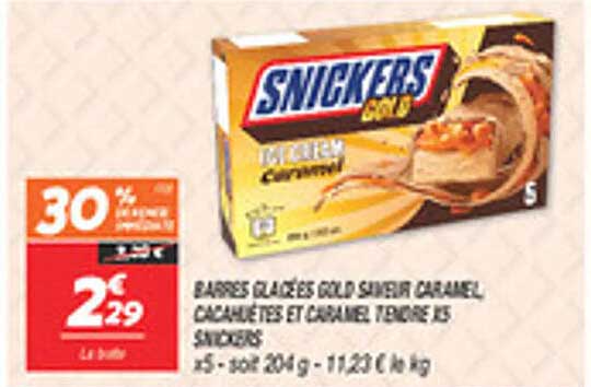 BÂTONNETS GLACÉS GOLD SNICKERS CARAMEL CACAHUÈTES ET CRÈME TENDRE DES SNICKERS x5 - 500 g 2,40 €/kg