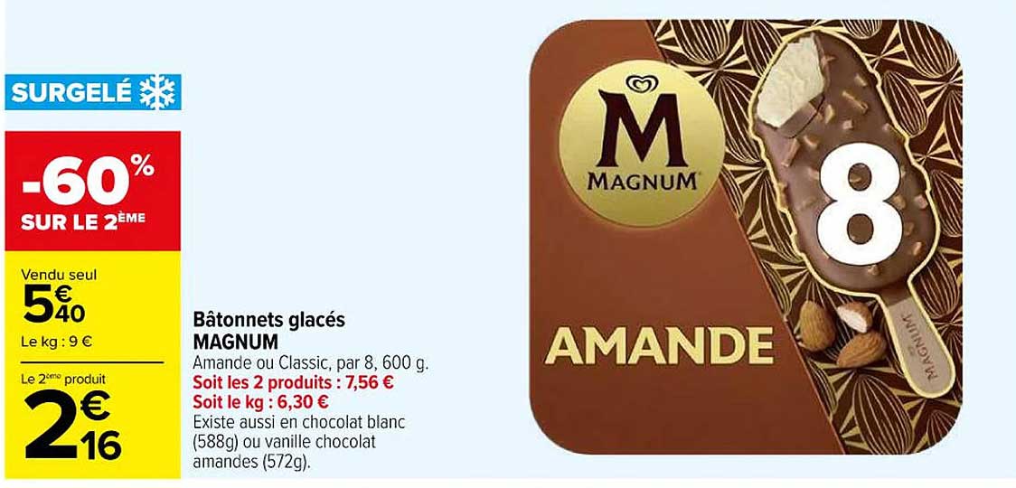 Bâtonnets glacés MAGNUM Amande ou Classic, par 8, 600 g.