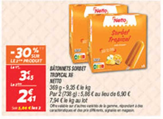 Bâtonnets sorbet tropicale de Netto