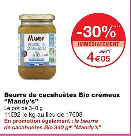 Beurre de cacahuètes Bio crémeux “Mandy’s”