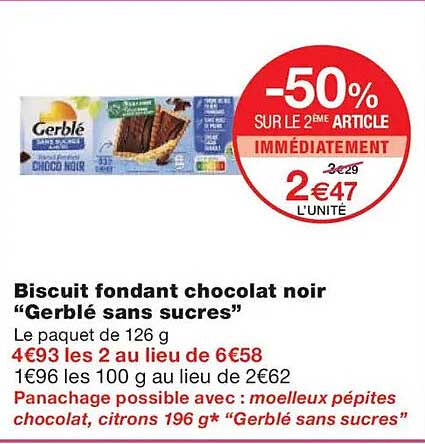 Biscuit fondant chocolat noir “Gerblé sans sucres”