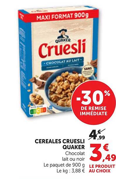 CEREALES CRUESLI QUAKER Chocolat lait ou noir Le paquet de 900 g