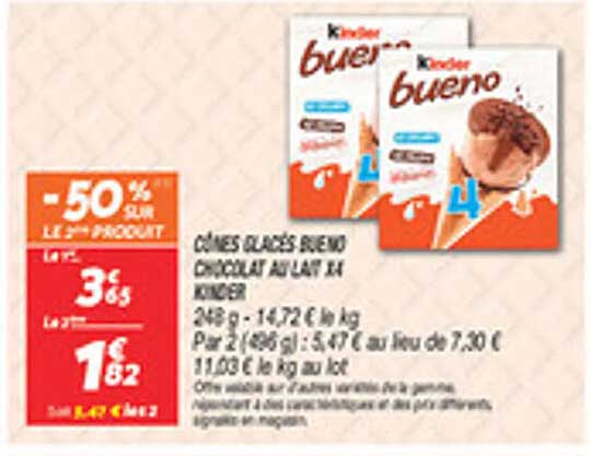 CÔNES GLACÉS BUENO CHOCOLAT AU LAIT x4 KINDER