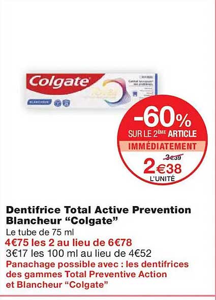 Dentifrice Total Active Prevention Blancheur “Colgate”