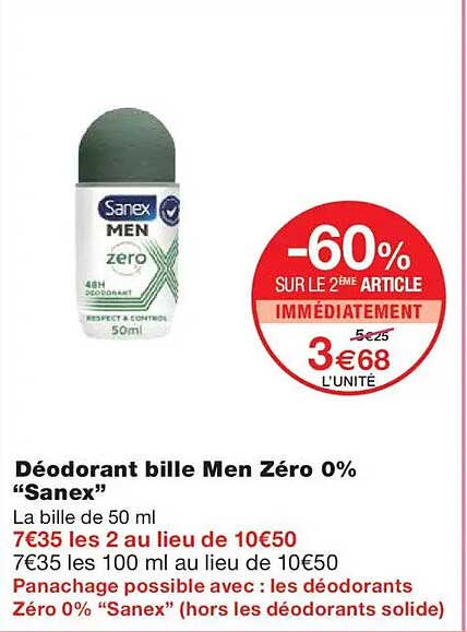 Déodorant bille Men Zéro 0% “Sanex”