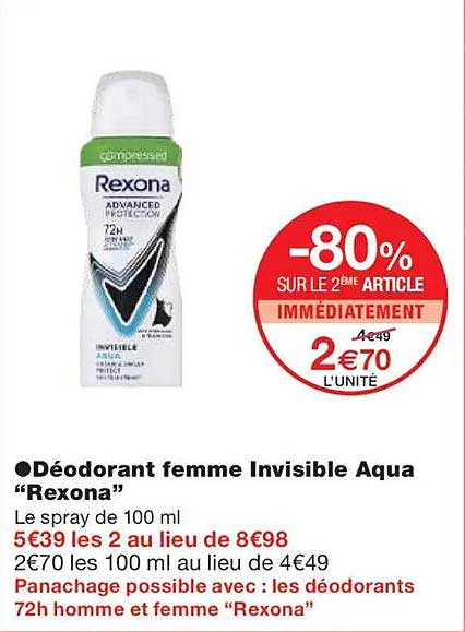 Déodorant femme Invisible Aqua "Rexona"