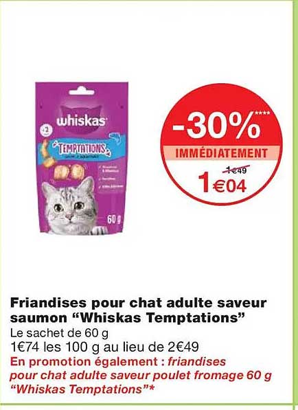 Friandises pour chat adulte saveur saumon “Whiskas Temptations”