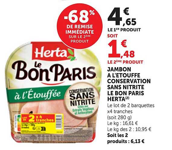 JAMBON A L’ETOUFFEE CONSERVATION SANS NITRITE LE BON PARIS HERTA