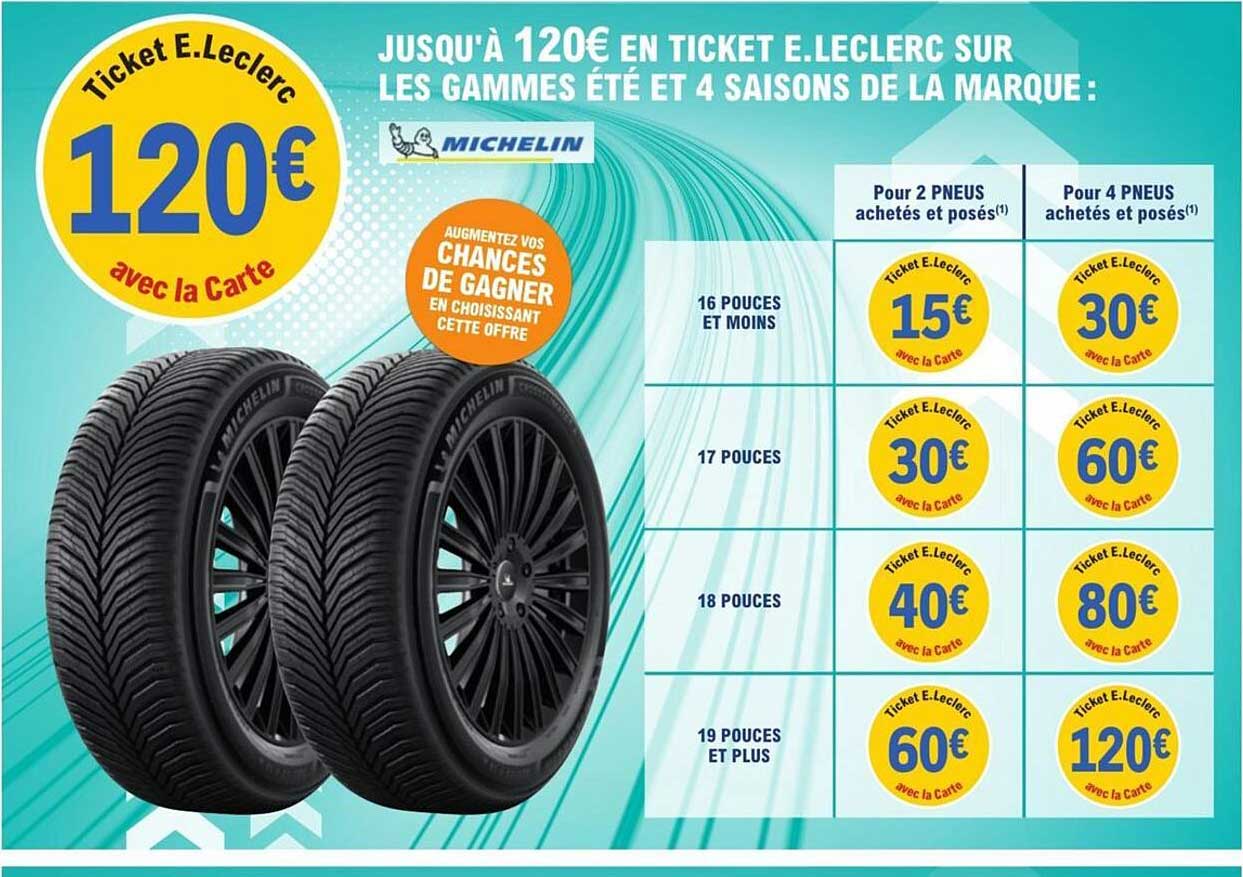JUSQU'À 120€ EN TICKET E.LECLERC SUR LES GAMMES ÉTÉ ET 4 SAISONS DE LA MARQUE : MICHELIN