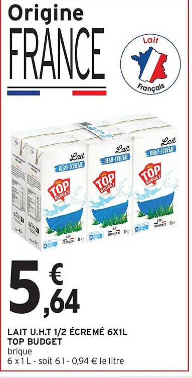 LAIT U.H.T 1/2 ÉCRÉMÉ 6X1L TOP BUDGET