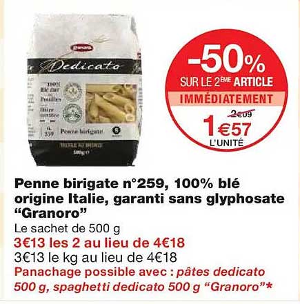 Penne birigate n°259, 100% blé origine Italie, garanti sans glyphosate “Granoro”