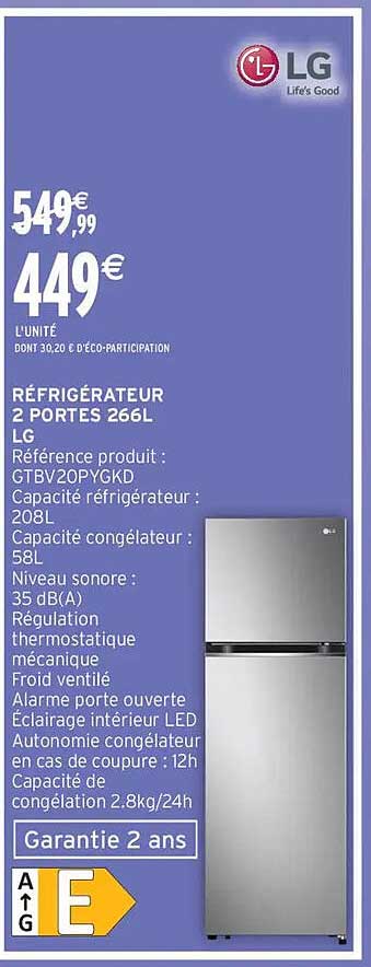 RÉFRIGÉRATEUR 2 PORTES 266L LG