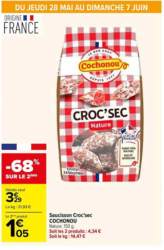 Sauccisson Croc'sec COCHONOU Nature, 150 g