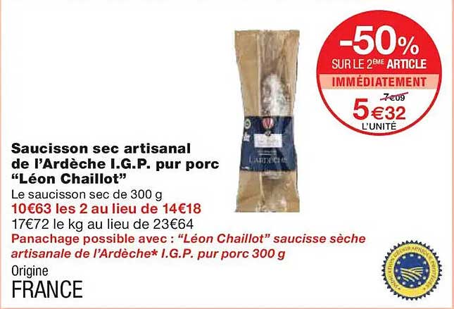 Saucisson sec artisanal de l’Ardèche I.G.P. pur porc “Léon Chaillot”