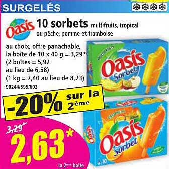 10 sorbets multifruits, tropical ou pêche, pomme et framboise
