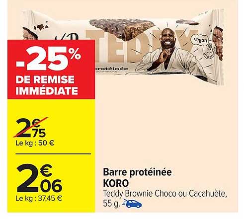 Barre protéinée Koro Teddy Brownie Choco ou Cacahuète, 55 g.