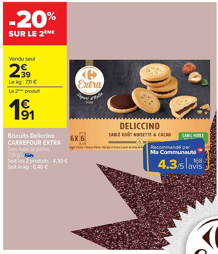 Biscuits Deliccino Carrefour Extra - Sablé goût noisette & cacao