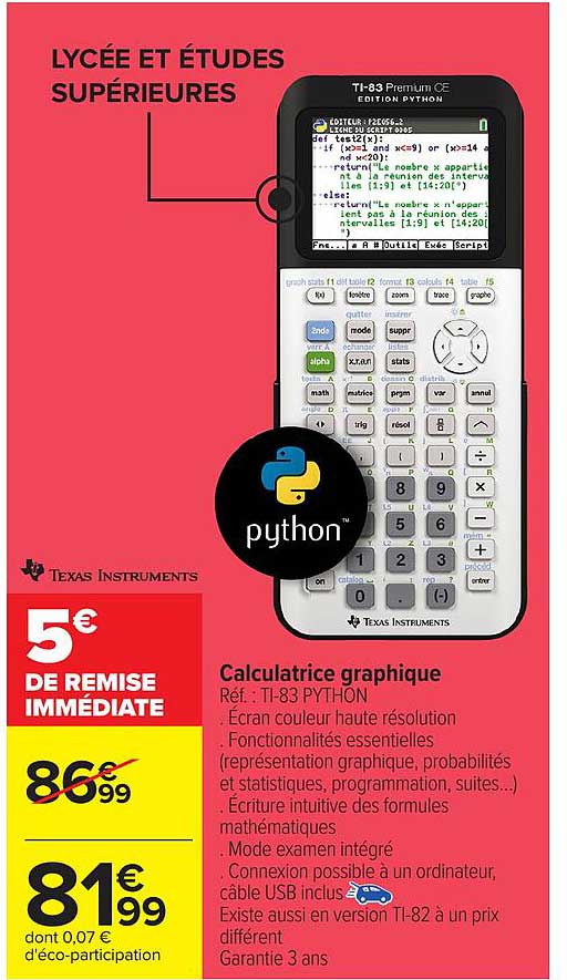 Calculatrice graphique TI-83 Premium CE Edition PYTHON