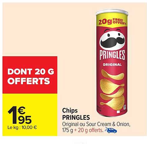 Chips PRINGLES Original ou Sour Cream & Onion 175 g + 20 g offerts