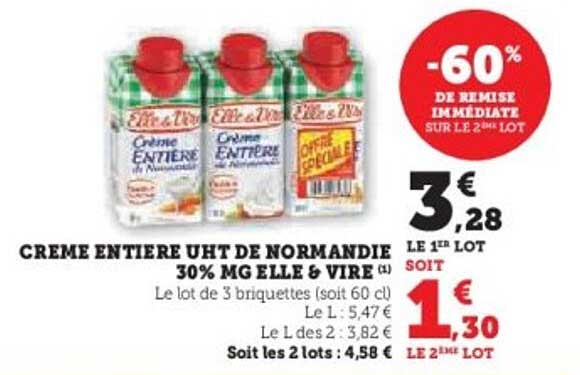 CREME ENTIER UHT DE NORMANDIE 30% MG ELLE & VIRE