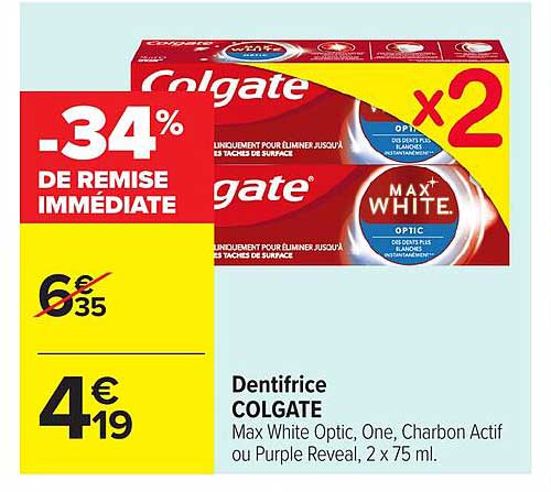 Dentifrice COLGATE Max White Optic, One, Charbon Actif ou Purple Reveal, 2 x 75 ml