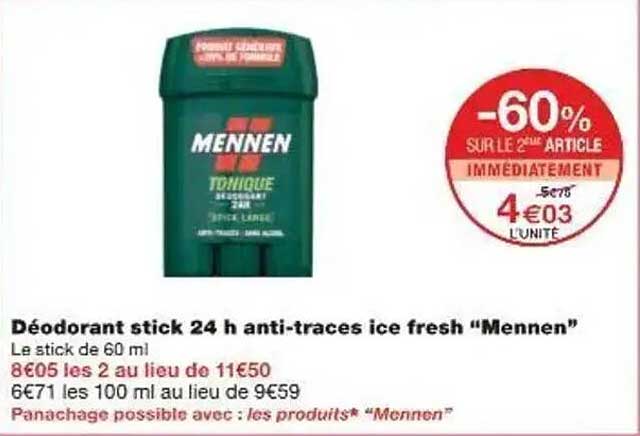 Déodorant stick 24 h anti-traces ice fresh “Mennen”