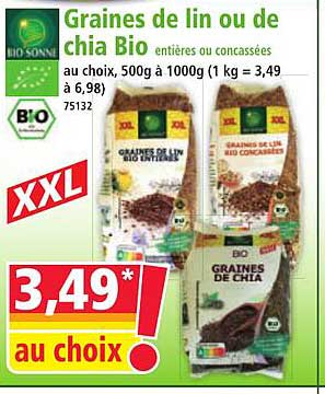 Graines de lin ou de chia Bio entières ou concassées au choix, 500g à 1000g