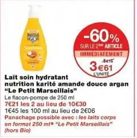 Lait soin hydratant nutrition karité amande douce argan "Le Petit Marseillais"