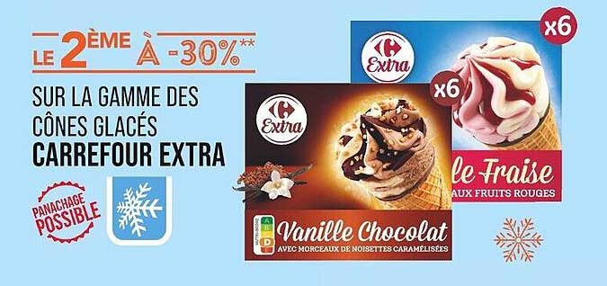 LE 2ÈME À -30%** SUR LA GAMME DES CÔNES GLACÉS CARREFOUR EXTRA