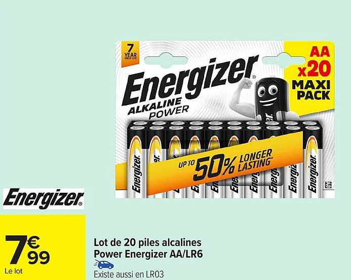 Lot de 20 piles alcalines Power Energizer AA/LR6