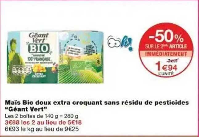 Maïs Bio doux extra croquant sans résidu de pesticides "Géant Vert"