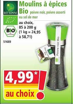 Moulins à épices Bio poivre noir, poivre assorti ou sel de mer