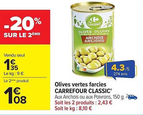 Olives vertes farcies CARREFOUR CLASSIC'
