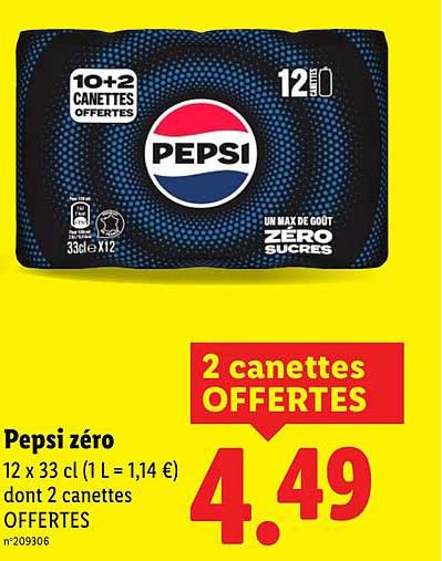 Pepsi zéro 12 x 33 cl (1 L = 1,14 €) dont 2 canettes OFFERTE