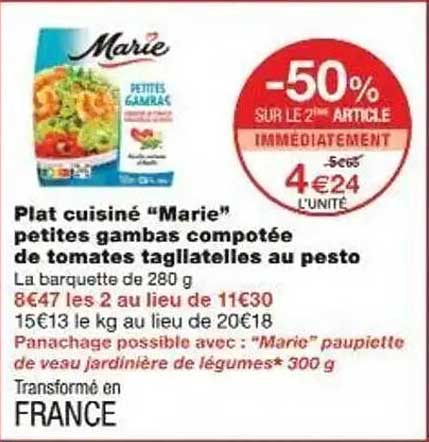 Plat cuisiné "Marie" petites gambas compotée de tomates tagiatelles au pesto